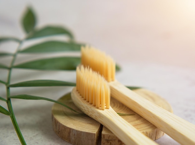 Natural bamboo toothbrushes close up dental care plastic free concept Copy space for text