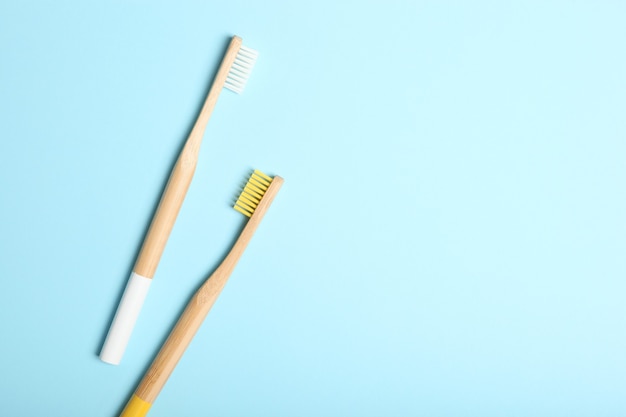 Natural bamboo toothbrushes top view oral and dental care