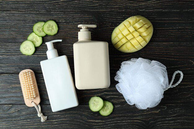 Natural bath cosmetics on rustic wooden background