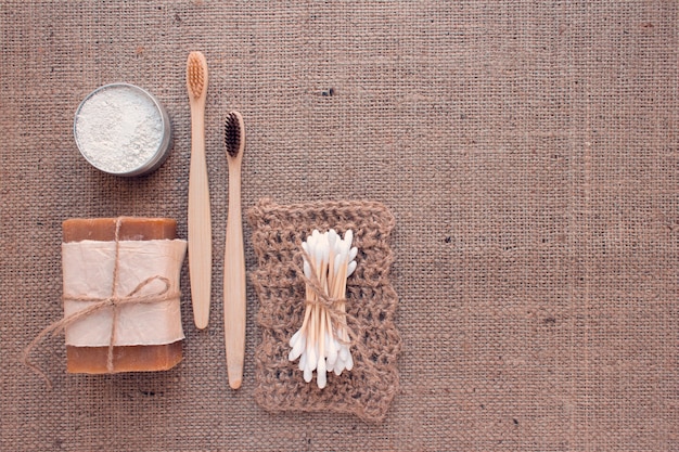 Natural bathroom essentials on burlap