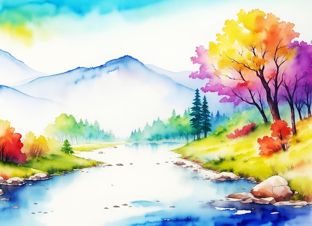 Foto bellissimo dipinto multicolore naturale di paesaggio montano in riva al lago su immagine ad acquerello hd di carta