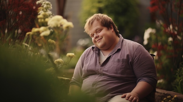 Photo natural beauty of an adult male with down syndrome in the serenity of a garden