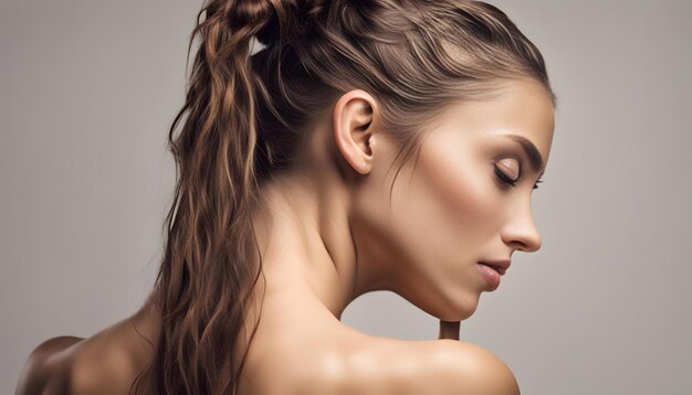 natural beauty concept young woman with wet hair in bun profile and back studio shot