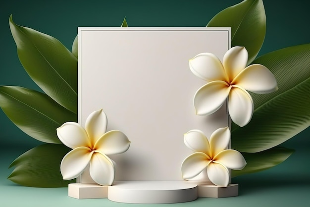 Natural beauty cosmetic product white pedestal background Plumeria tropical flowers