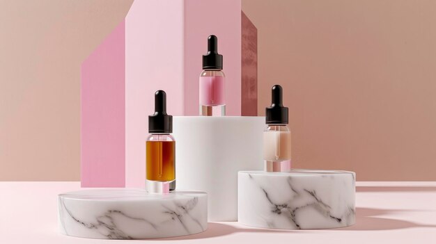 Natural Beauty Elegance Mockup of Skincare Product Display with Serum or Collagen Dropper Bottles on Various Geometric Podiums Skincare Product Presentation