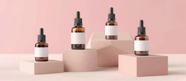 Natural Beauty Elegance Mockup of Skincare Product Display with Serum or Collagen Dropper Bottles on Various Geometric Podiums Skincare Product Presentation