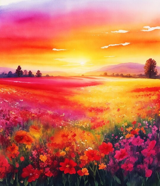 Natural beauty multicolor incredible sunset at the flower field paint on paper HD watercolor image