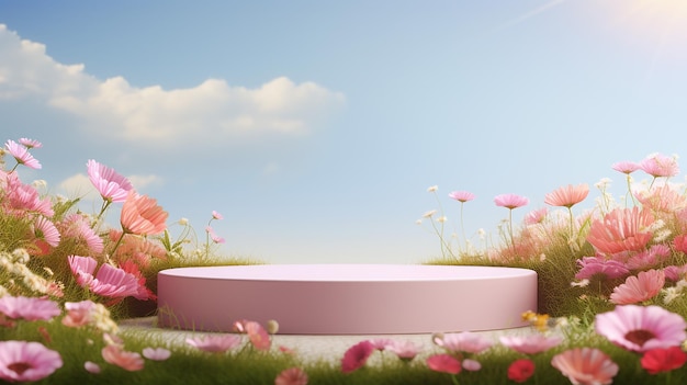 Natural beauty pink podium backdrop with spring flower landscape background
