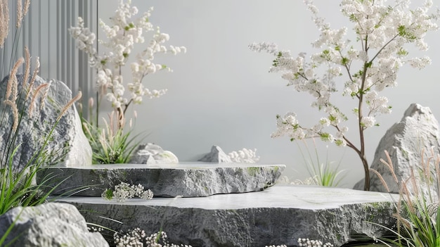 A natural beauty podium backdrop featuring flower grass and stone This is a 3D render