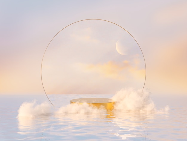 Photo natural beauty podium backdrop for product display with dreamy cloud and arch frame