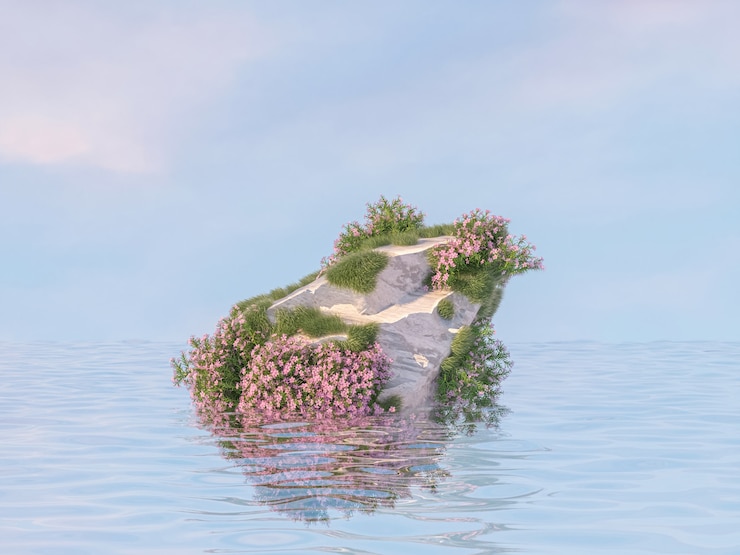 Photo natural beauty podium backdrop for product display with stone and wild flower on the water