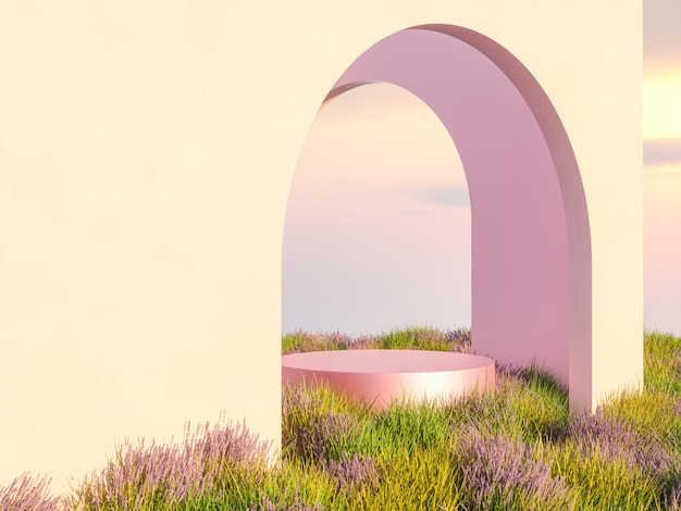 Sfondo del podio di bellezza naturale con rendering 3d di campo di lavanda