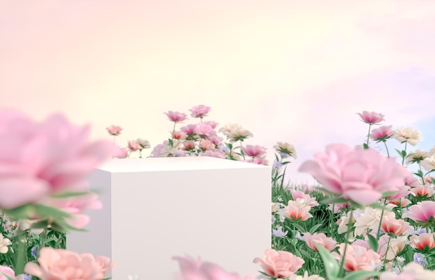 春のバラの花のフィールドシーン3dレンダリングと自然の美しさの表彰台の背景