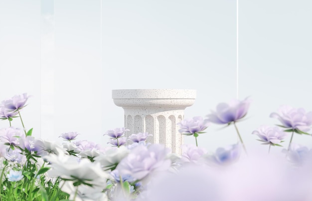 春のバラの花のフィールドシーン3dレンダリングと自然の美しさの表彰台の背景