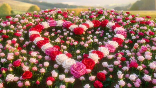 Foto scenario del podio di bellezza naturale con la scena del campo di fiori di rosa primaverile in 3d