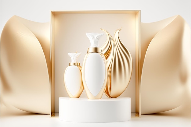 natural beauty podium background cosmetic product display gold and white color ai generated