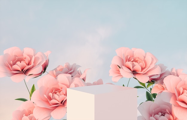 Podio di bellezza naturale per l'esposizione del prodotto con fiore di rosa rosa. rendering 3d.