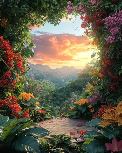 Фото Подиум природной красоты, окруженный пышной зелени и цветущими цветами на фоне мечтательного неба
