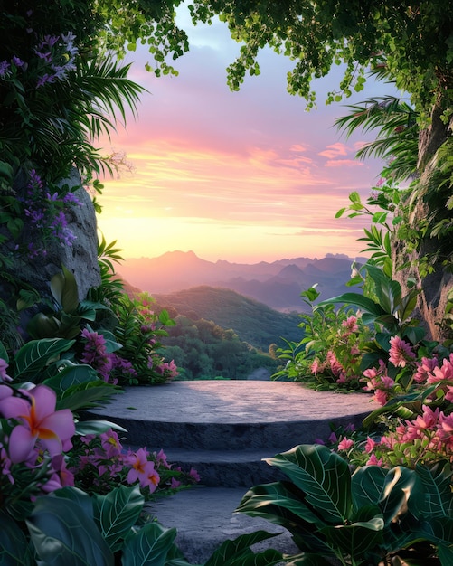 Фото Подиум природной красоты, окруженный пышной зелени и цветущими цветами на фоне мечтательного неба