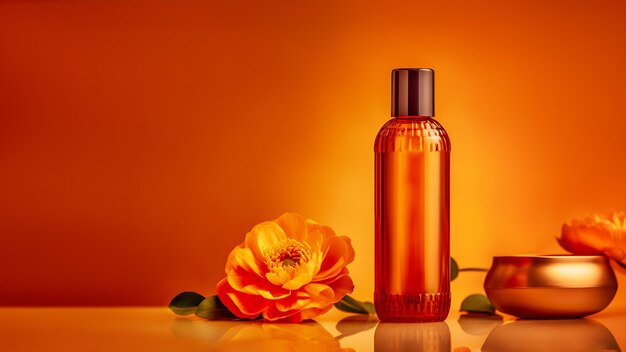 Natural beauty product with flowers on amber background