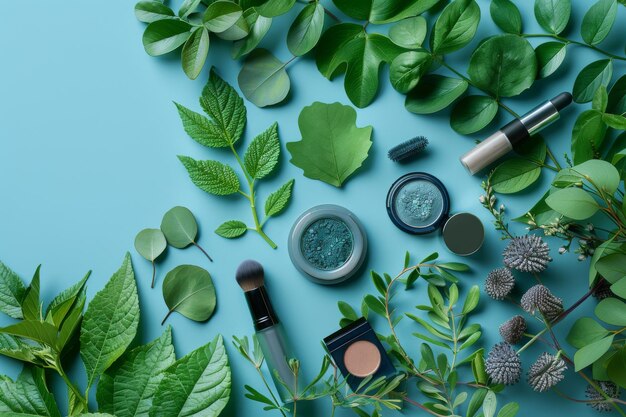 Natural Beauty Products and Green Leaves on Blue Background