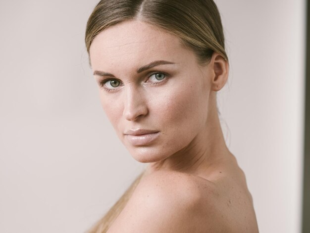 Natural beauty skin woman face close up macro model beauty. Studio shot.