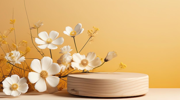 Natural Beauty Wood Slice Podium with White and Yellow Flowers on Beige Background Cosmetic Produ