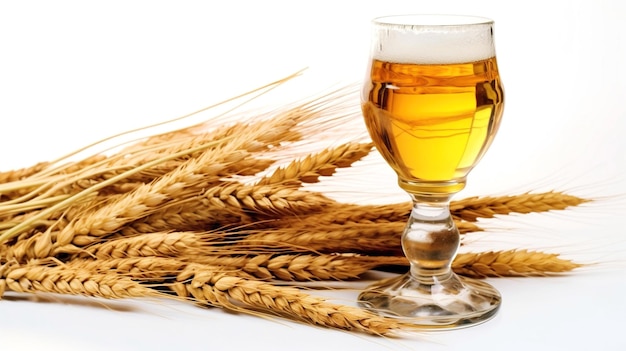 Natural beer and wheat on a white background A glass of a popular summer drink Light beer