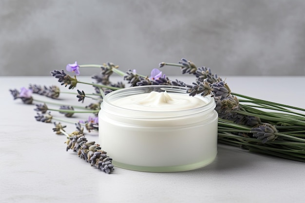 Natural body care products Ecofriendly homemade cream for face and skin showcased on a gray backdr