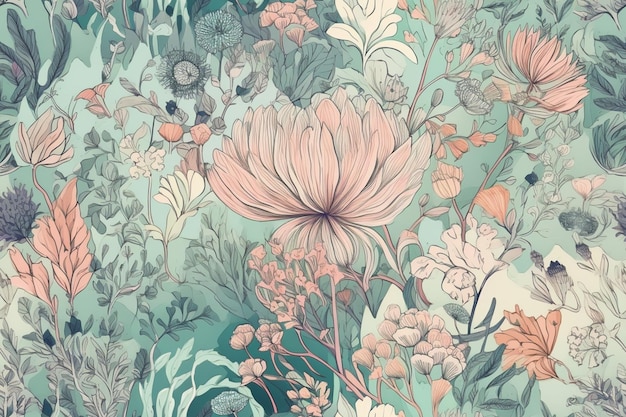 Natural botanical elegant flower print pattern beautiful fantasy vintage wallpaper Colorful pretty retro style Generated AI