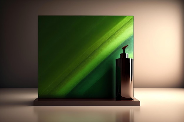 Стенд из натурального коричневого камня для презентаций и выставок на пастельно-зеленом фоне
