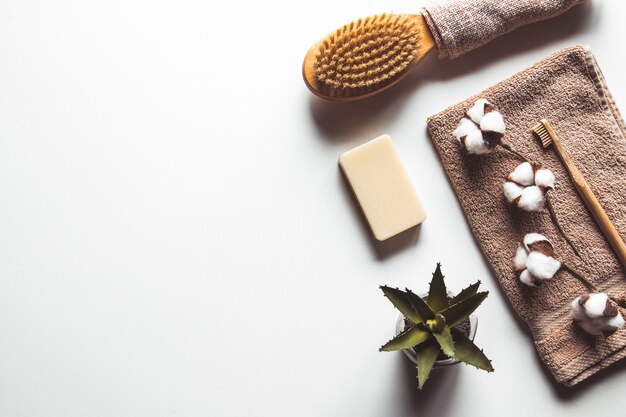 Spazzole naturali in legno e sapone sullo sfondo di cemento, spazzolini da denti in bambù e spazzola per il corpo, sapone fatto a mano con luffa