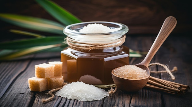 Natural cane sugar in glass jar and spoon on wooden table