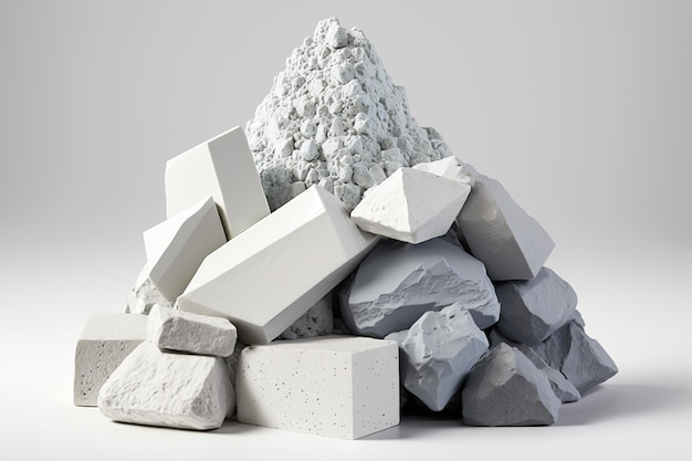 Natural chalk mineral stone fragments stacked at the top against a white background