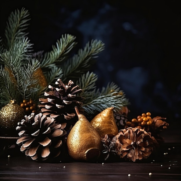 Natural Christmas decoration on a dark background Christmas holidays Generative AI