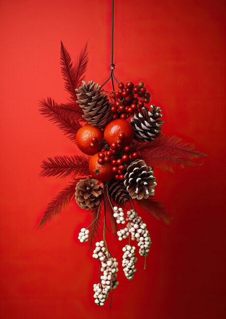 Natural Christmas decoration on a red background Christmas holidays Generative AI