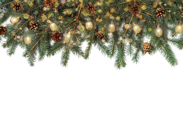 Natural Christmas layout of Christmas tree branches cones and golden Christmas lights with bokeh on isolated white background Flat lay