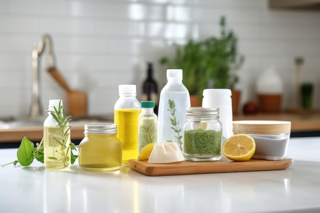 Natural cleaning products arranged on a kitchen counter