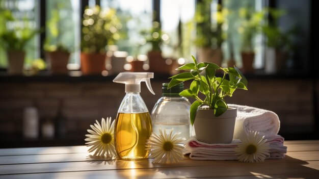 Natural cleaning products with flowers on a wooden table