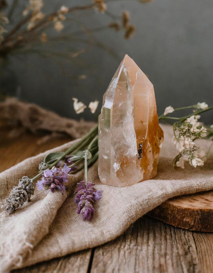 Photo natural clear quartz crystal amongst rustic floral decor on textured linen