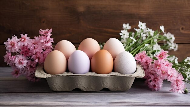 Photo natural colorful eggs in paper tray on board and spring flowers in the room happy easter