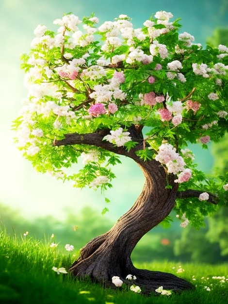 Natural Colorful Flowers in the Tree With Green Nature Background Ai Generated