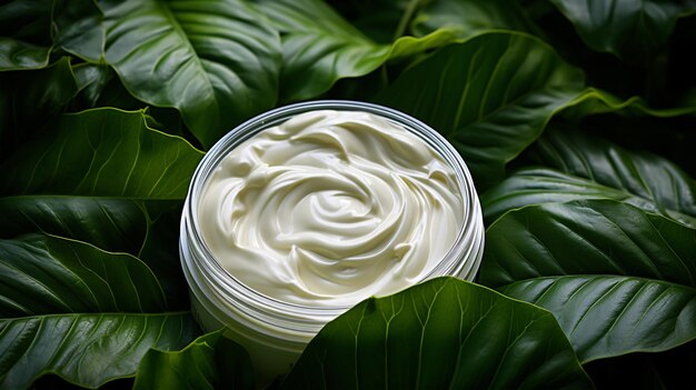 Natural cosmetic cream texture for body care on a green leaf Natural organic cosmetics made of plants Eco Skin care