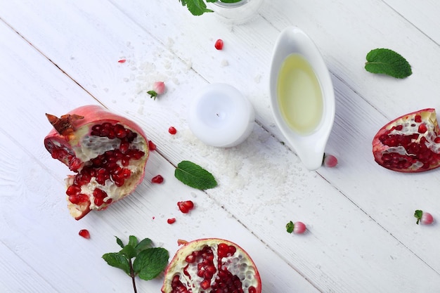 Natural cosmetic ingredients on wooden background top view