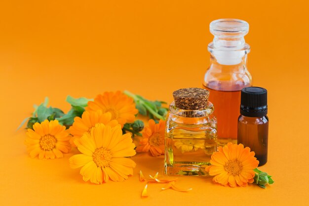 Olio cosmetico naturale, olio essenziale e una tintura con fiori di calendula su superficie arancione