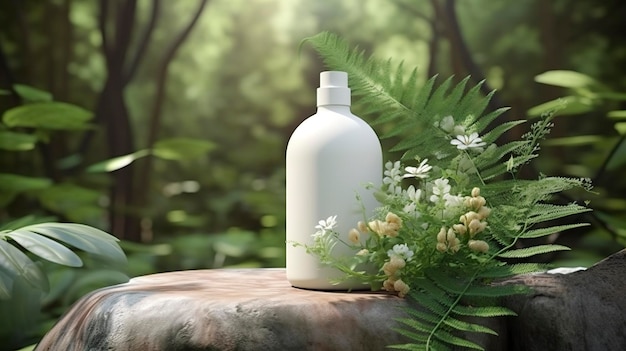 Foto presentazione di prodotti cosmetici naturali dietro le quinte all'aperto posizionamento nella foresta barattolo vuoto bianco bottiglia di shampoo 3d ai generativo