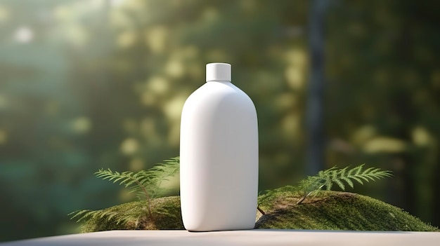 Foto presentazione di prodotti cosmetici naturali dietro le quinte all'aperto posizionamento nella foresta barattolo vuoto bianco bottiglia di shampoo 3d ai generativo