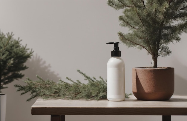 Foto presentazione del prodotto cosmetico naturale posizionamento nella foresta bottiglia di shampoo più bianca generata da ai