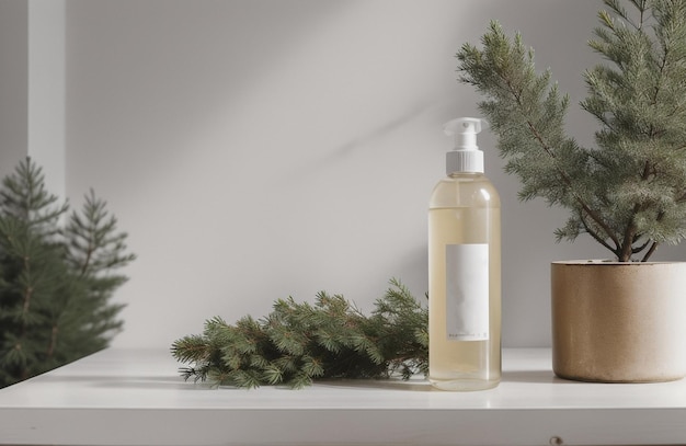 Natural cosmetic product presentation forest placement whiter shampoo bottle generated by ai