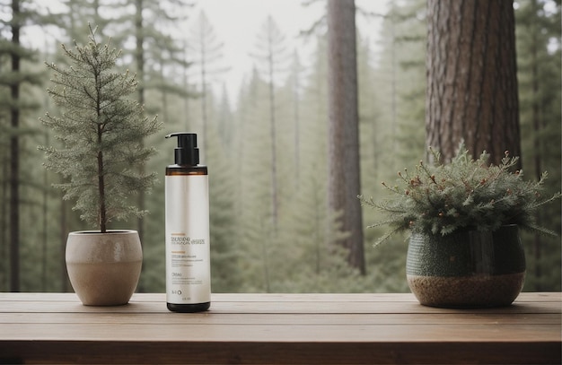Natural cosmetic product presentation forest placement whiter shampoo bottle generated by ai